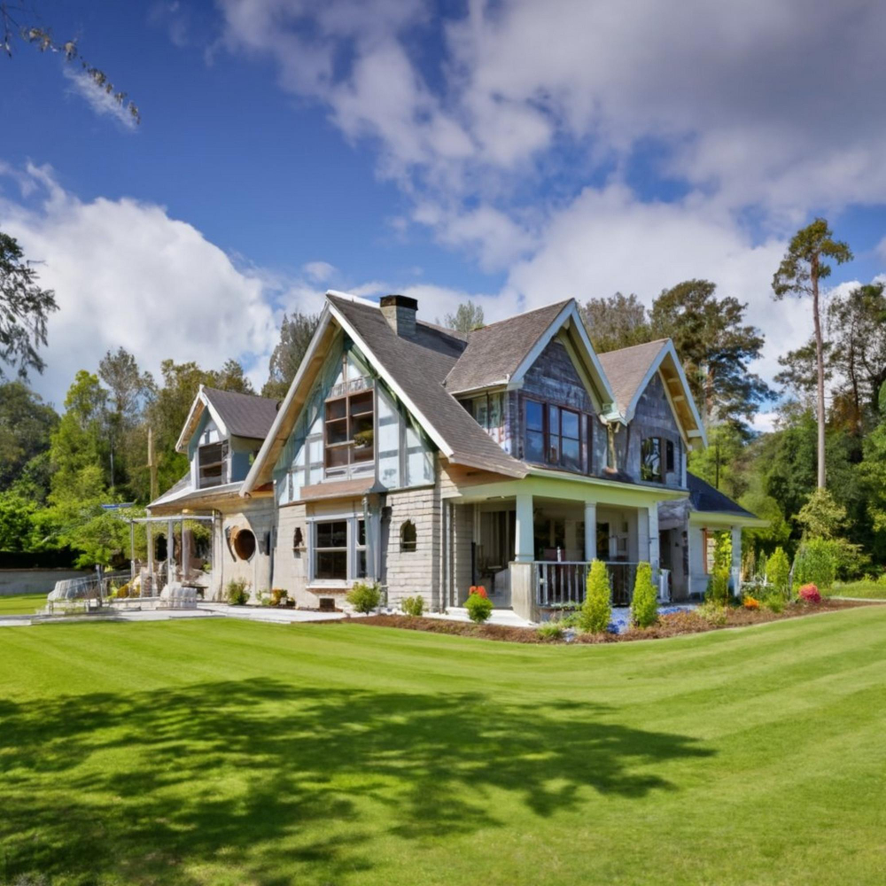 Spacious house with vast lawn and trees.