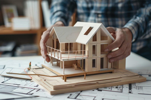 A man holding a model house on a table.