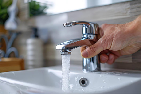 A person filling a sink using a faucet.