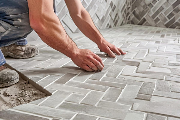 A man skillfully laying tiles on a bathroom floor, creating a neat and polished surface.