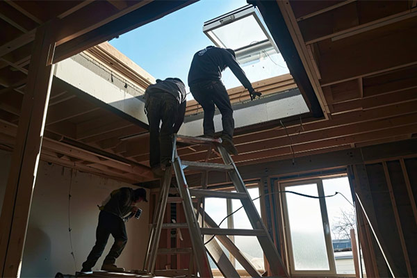 Two men working on a roof of a house, one hammering nails while the other holds a ladder for safety.